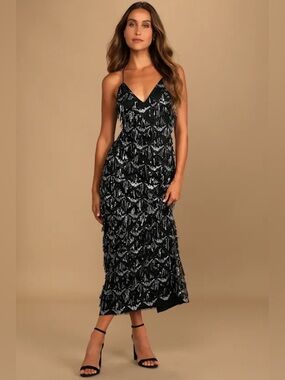 Lulus Marvelous Moment Black Sequin Fringe Maxi Dress